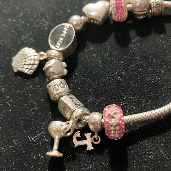 Pandora Bracelet with Sterling Charms Nana, Rhinestones, Hearts, Retired Beads - Picture 2 of 14